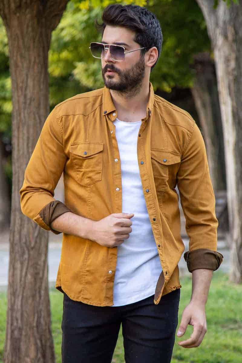 تصویر 2 از پیراهن مردانه زرد خردلی مناسب تیپ های اسپرت و جذاب